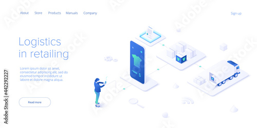 Online retail store transportation in isometric vector design. Shop delivery service and truck logistics concept. Market supply chain and shipment. Web banner layout template.