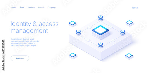Identity and access management illustration in isometric vector design. Abstract datacenter or blockchain. Network mainframe infrastructure. Web banner layout template. photo