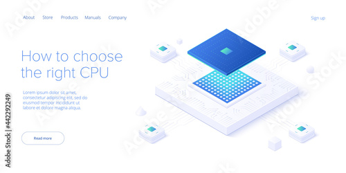 Computer CPU chip illustration in isometric vector design. Semiconductor microchip or processor. Abstract data component or gpu hardware circuit. Artificial intelligence or ai background.