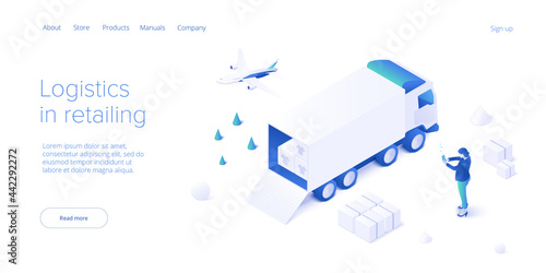 Online retail store transportation in isometric vector design. Shop delivery service and truck logistics concept. Market supply chain and shipment. Web banner layout template.