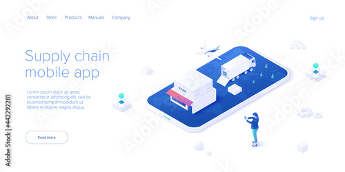 Online retail store transportation in isometric vector design. Shop delivery service and truck logistics concept. Market supply chain and shipment. Web banner layout template.