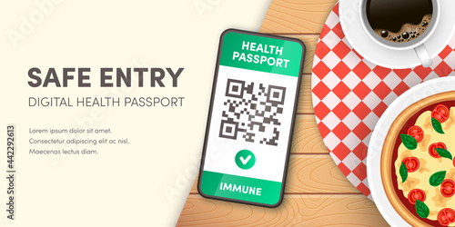 Safe restaurant entry banner. Covid-19 Digital health passport QR code on smartphone screen vector concept. Electronic vaccination green certificate or negative coronavirus test proof mobile app