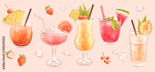 Collection of hand drawn summer cocktails, fruits, berries and ice isolated on background. Vector illustration