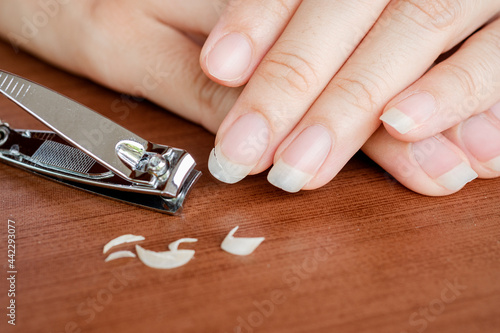 Cuadro en lienzo A long woman's fingernails are ready to be trimmed with nail clippers