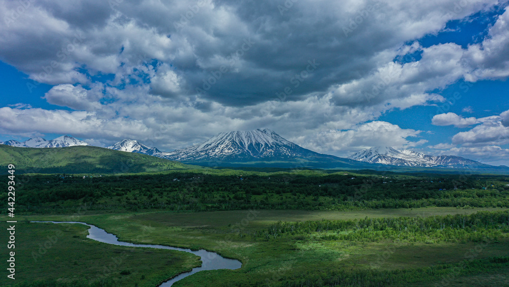 custom made wallpaper toronto digitalPicturesque landscape with river and volcano. Kamchatka peninsula
