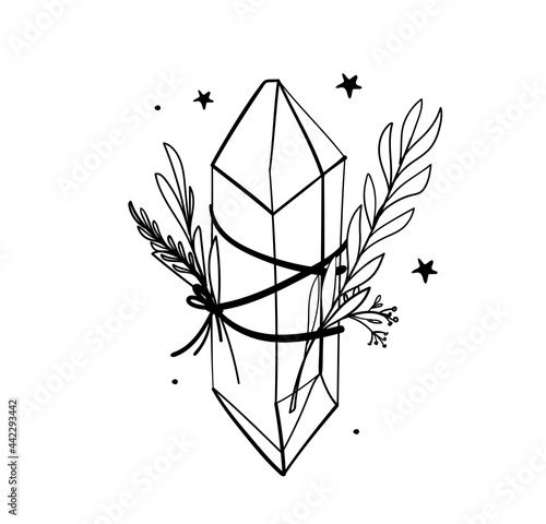 Crystal icon with branches and stars, line hand drawing, bohemian tattoo for witch, gem, sketch boho illustration isolated on white background.