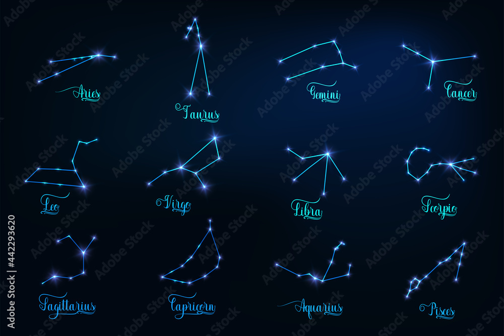 Naklejka premium Glowing Set of 12 zodiac signs constellation. Horoscope symbols.
