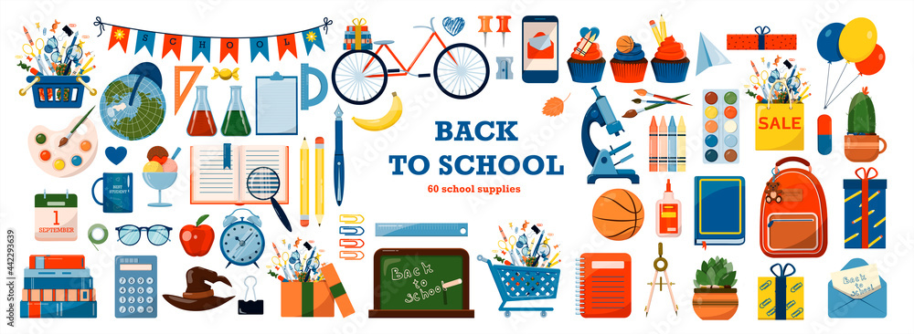 Back to school. Big vector set. Stationery for school, university and office. Cartoon school supplies. A set of colored icons. Flat illustrations for elementary school. Bright cut out cliparts Back to school. Big vector set. Stationery for school, university and office. Cartoon school supplies. A set of colored icons. Flat illustrations for elementary school. Bright cut out cliparts