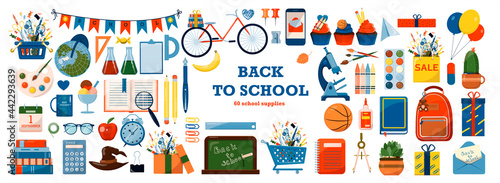 Back to school. Big vector set. Stationery for school, university and office. Cartoon school supplies. A set of colored icons. Flat illustrations for elementary school. Bright cut out cliparts