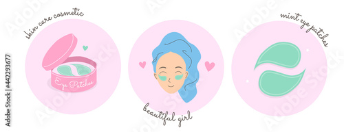 Cute beautiful girl face with eye patches skincare procedures. Eye pads in round cosmetic jar container. Green mint eye patches closeup vector. Home spa, skin care routine, self care concept.