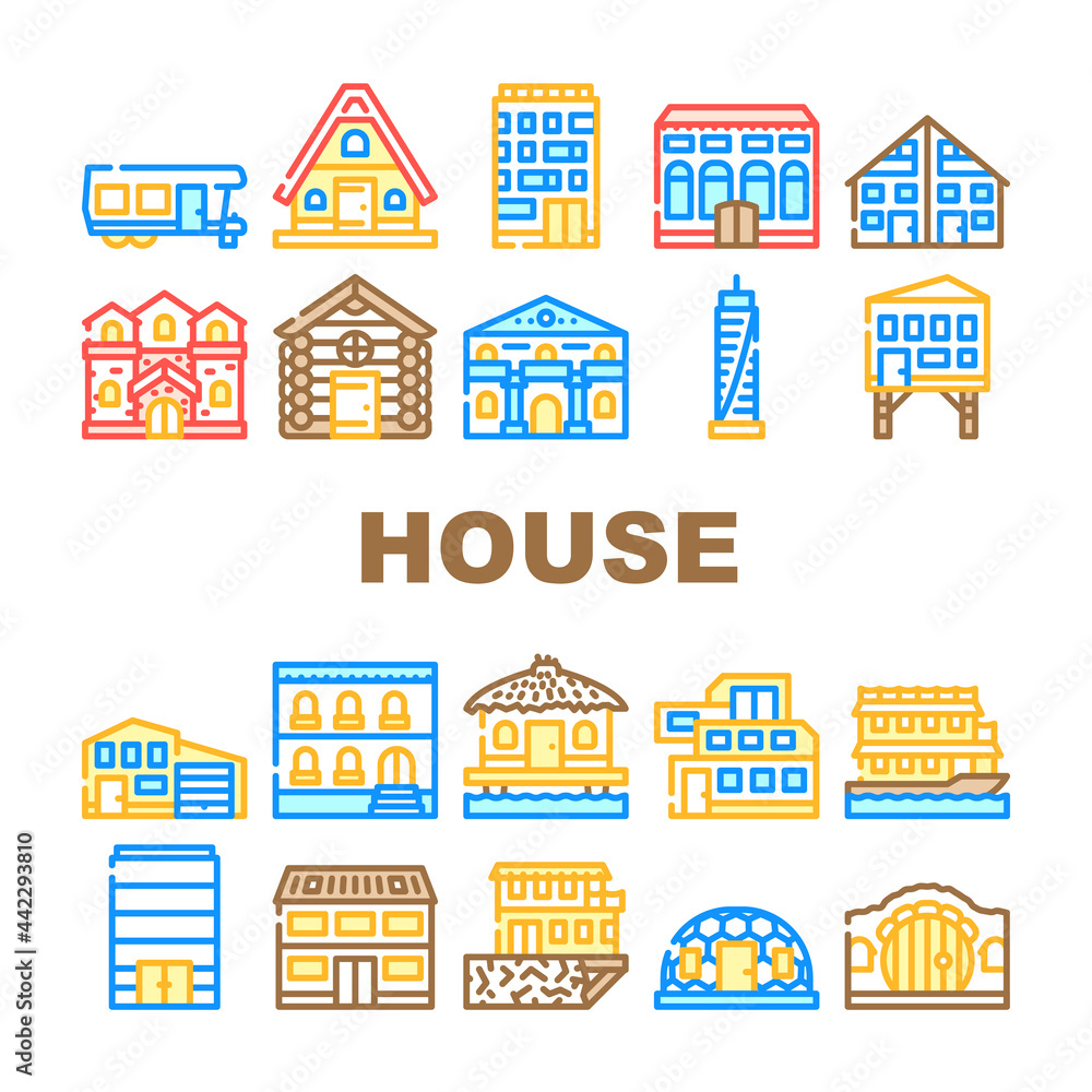 House Real Estate Collection Icons Set Vector. Bungalow On Water And Skyscraper Office Building, Cottage And Residence, Modern And Medieval House Concept Linear Pictograms. Contour Color Illustrations