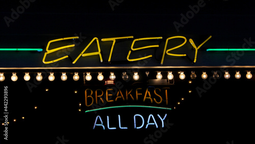 Vintage Neon Eatery and Breakfast All Day Sign