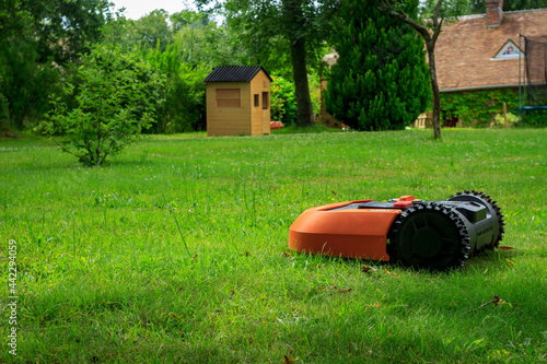 Photograph of a robotic lawn mower, working on the garden.  large lawn. copy space photo