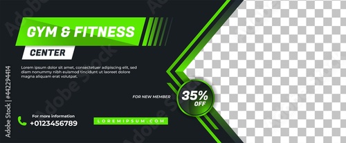 Gym, Workout, Fitness banner template design. Modern banner with green shape and place for the photo. Usable for website, header, and cover.