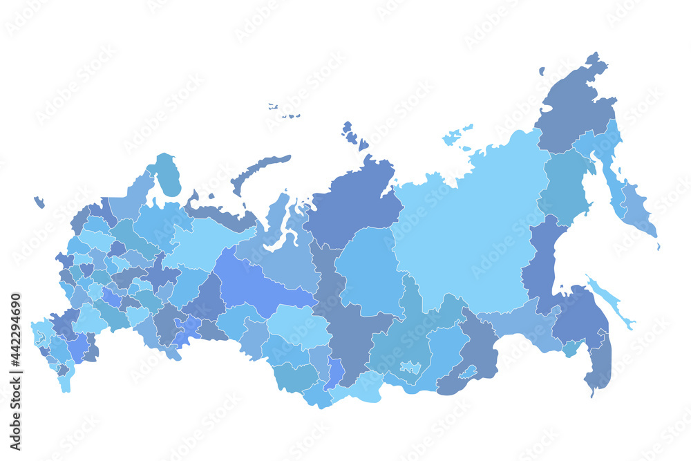 Detailed Russia administrative blue map with borders of regions icon isolated on white background. Russian Federation Vector illustration