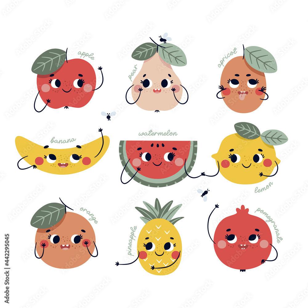 Cute vector cartoon poster with funny fruits characters: Apple, Pear, Apricot, Banana, Watermelon, Lemon, Orange, Pineapple, Pomegranate. Cartoon illustration for nursery room decor, children design