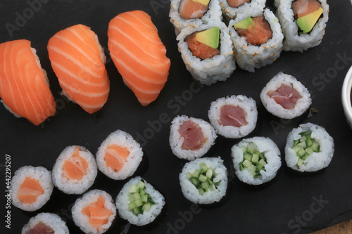 sushi variety prepared to eat as asian food