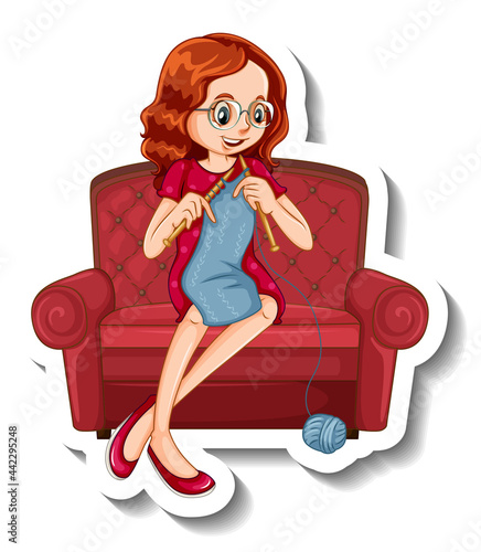 A sticker template with a woman knitting and sitting on sofa