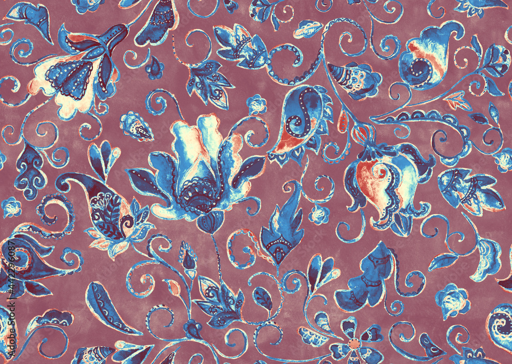 Naklejka premium Paisley watercolor floral pattern tile: flowers, flores, tulips, leaves. Oriental indian traditional hand painted water color whimsical seamless print, ceramic design. Abstract india batik background