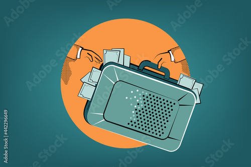 Concept of Corruption, Dishonest or fraudulent conduct by those in power, involving Bribery. Vector illustration of two men hand over money, bribe in suitcase.