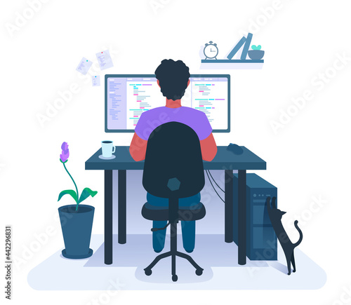 A developer programming. A programmer freelancer workplace. The coder at remote work from home. Person coding, writing a computer code. A vector cartoon illustration.
