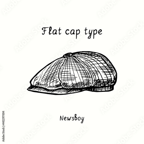 Flat cap type, newsboy. Ink black and white drawing outline illustration photo