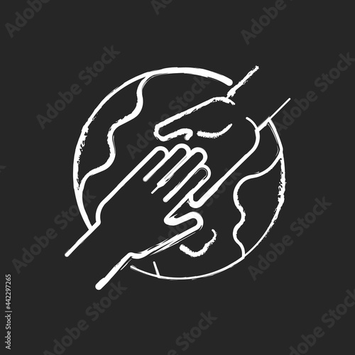 Volunteer travel chalk white icon on dark background. International collaboration. Hands share handshake. Culture exchange. Tourism industry category. Isolated vector chalkboard illustration on black