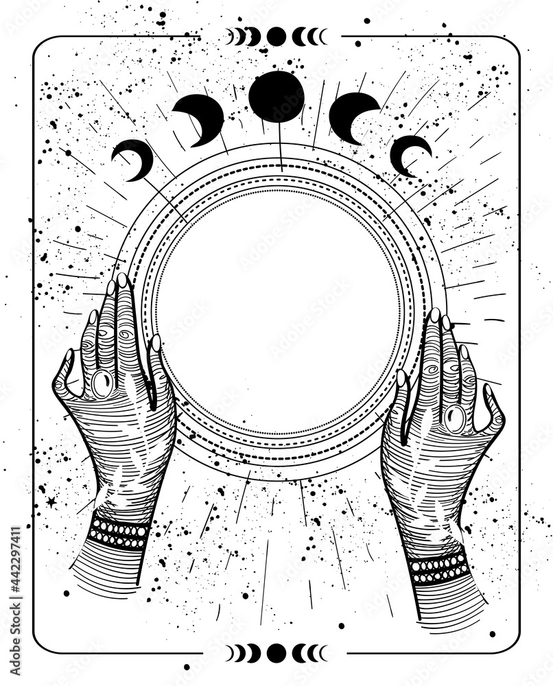 Mystical drawing tarot with copy space, magic ball for text. Female hands  hold an empty round frame, sketch. Mystical vector illustration of a witch.  Stock Vector | Adobe Stock