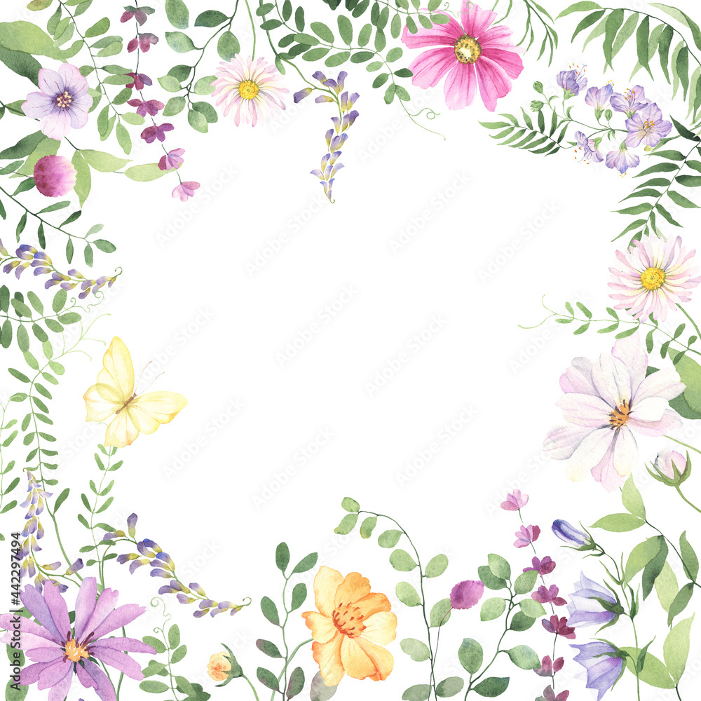 Summer frame of wildflowers, wild green plants and butterfly yellow color. Colorful floral watercolor background for invitation or greeting card, poster, nature banner, square border.