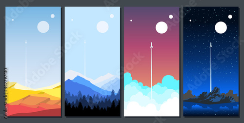 Distant Worlds Retro Futurism Style Illustrations, Alien Landscapes, Sand Desert, Forest and Mountains, Clouds, Rocks and Space Rockets 