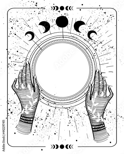 Mystical drawing tarot with copy space, magic ball for text. Female hands hold an empty round frame, sketch. Mystical vector illustration of a witch.
