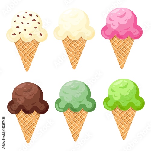 Set Ice cream. Vector picture. Ice cream cone icon. Colorful Ice cream. Vector illustration. Ice cream cone. Various flavors.