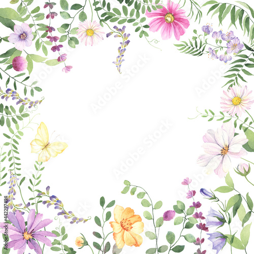 Summer frame of wildflowers, wild green plants and butterfly yellow color. Colorful floral watercolor background for invitation or greeting card, poster, nature banner, square border.