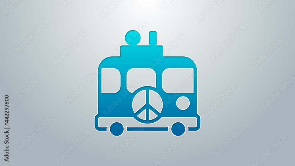 Blue line Hippie camper van icon isolated on grey background. Travel by vintage bus. Tourism, summer holiday. 4K Video motion graphic animation Blue line Hippie camper van icon isolated on grey background. Travel by vintage bus. Tourism, summer holiday. 4K Video motion graphic animation
