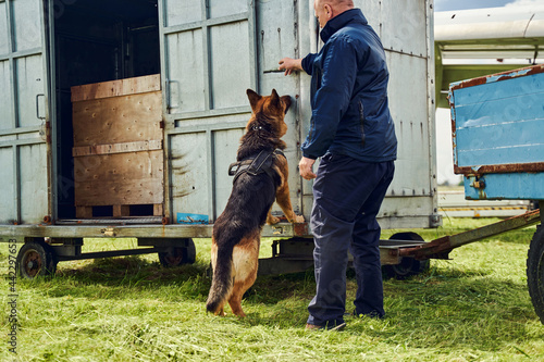 Εκτύπωση καμβά Security officer and drug detection dog checking cargo at aerodrome