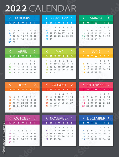 2022 Calendar - illustration. Template. Mock up Week starts Sunday. Vector illustration