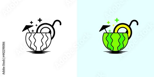 Outline watermelon beverage icons , summer cocktails and refreshments