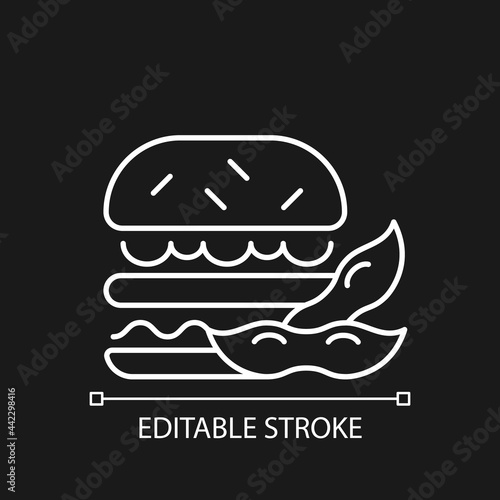 Soy burger white linear icon for dark theme. Patty made from organic vegetables. Vegeterian foods. Thin line customizable illustration. Isolated vector contour symbol for night mode. Editable stroke