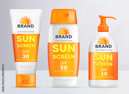 Sunscreen set of realistic moisturizing lotion container templates. Sun protection cream tube and bottle. Vector illustration
