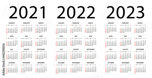 Calendar 2021, 2022, 2023 - illustration. Week starts on Sunday. Calendar Set for 2021, 2022, 2023 years