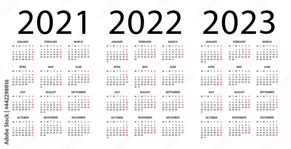 Calendar 2021, 2022, 2023 - illustration. Week starts on Monday ...
