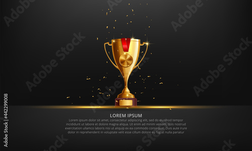 Realistic Golden Trophy Cup Set Isolated on Black Background