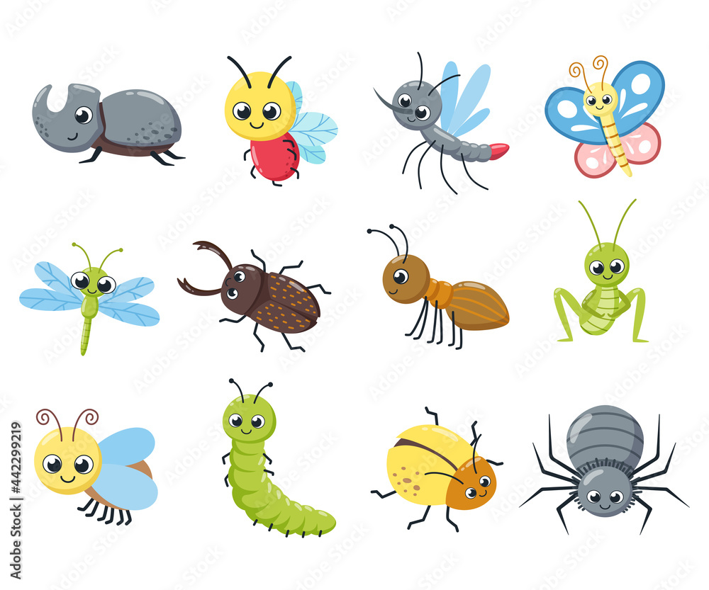 A collection of cute insects. Funny bugs, caterpillar, fly, bee, spider, mosquito. Cartoon vector illustration. A collection of cute insects. Funny bugs, caterpillar, fly, bee, spider, mosquito. Cartoon vector illustration.