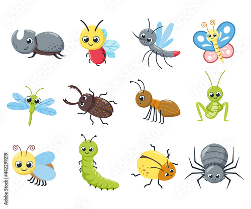 A collection of cute insects. Funny bugs, caterpillar, fly, bee, spider, mosquito. Cartoon vector illustration. © Arina