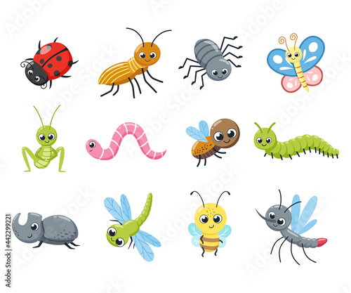 A collection of cute insects. Funny bugs, caterpillar, fly, bee, ladybird, spider, mosquito. Cartoon vector illustration. © Arina