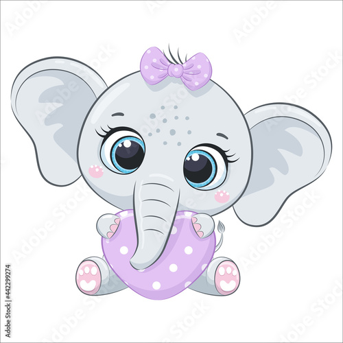 Cute baby elephant with a heart. Cartoon vector illustration.