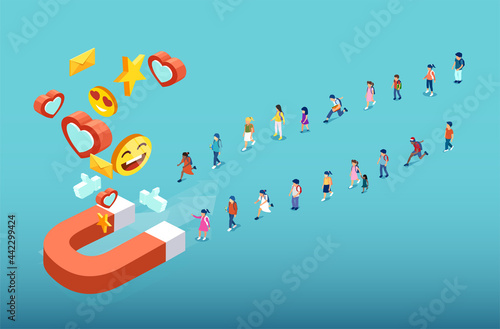 Digital marketing for target audience. Vector of diverse children pulled by social media magnet