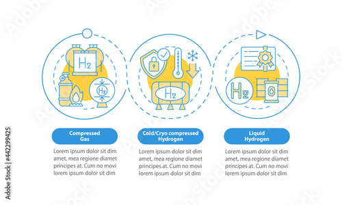 H2 storing methods vector infographic template. Cryo compression presentation outline design elements. Data visualization with 3 steps. Process timeline info chart. Workflow layout with line icons