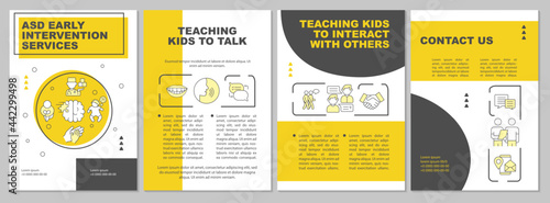 ASD early intervention services brochure template. Medical help. Flyer, booklet, leaflet print, cover design with linear icons. Vector layouts for presentation, annual reports, advertisement pages