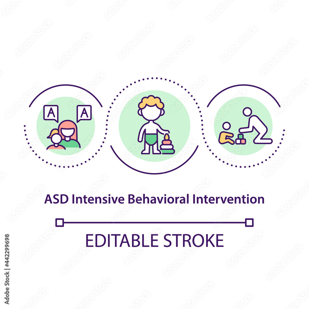 ASD intensive behavioral intervention concept icon. Special medical treatment of communication problems abstract idea thin line illustration. Vector isolated outline color drawing. Editable stroke ASD intensive behavioral intervention concept icon. Special medical treatment of communication problems abstract idea thin line illustration. Vector isolated outline color drawing. Editable stroke